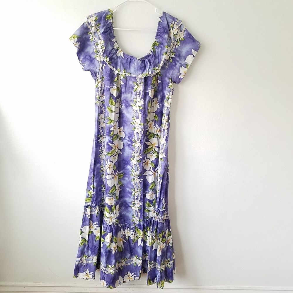 Lava Hut Hawaiian Orchid Mumu Maxi Dress Ruffle Short Sleeve Size Large